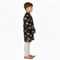 Boys’ Gold Foil Elephant Motif Kurta in Jet Black