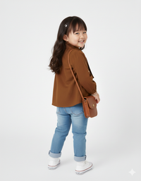 Vintage Brown Lantern-Sleeve Cotton Top