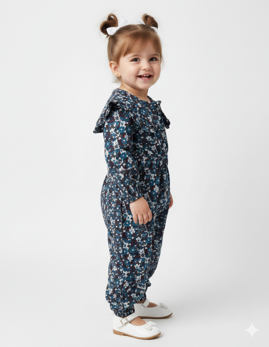 Girls’ Vintage Floral Ruffle-Collar Jumpsuit