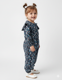 Girls’ Vintage Floral Ruffle-Collar Jumpsuit