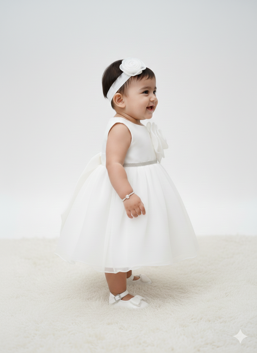 Elegant Sleeveless White Party Dress with Dramatic Floral Detail