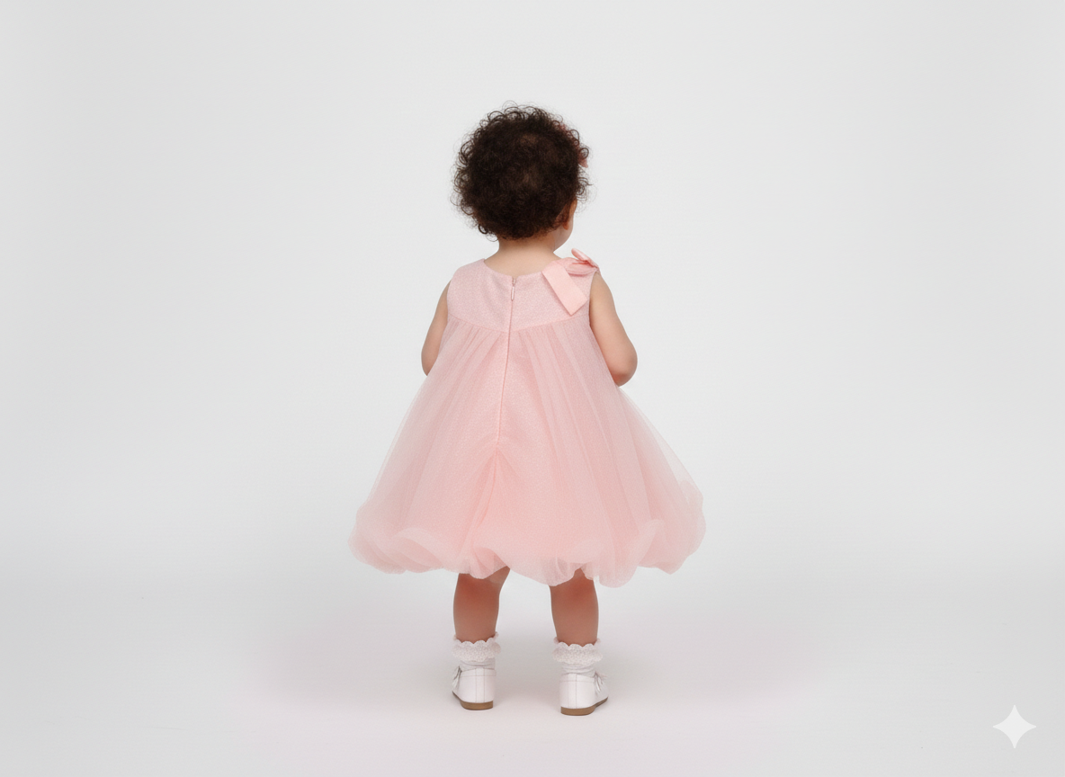 Girls' Shimmering Pastel Pink Tulle A-Line Dress with Shoulder Bow Accents