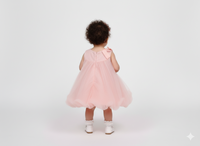 Girls' Shimmering Pastel Pink Tulle A-Line Dress with Shoulder Bow Accents