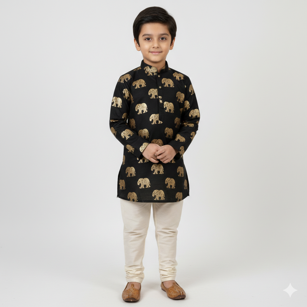 Boys’ Gold Foil Elephant Motif Kurta in Jet Black