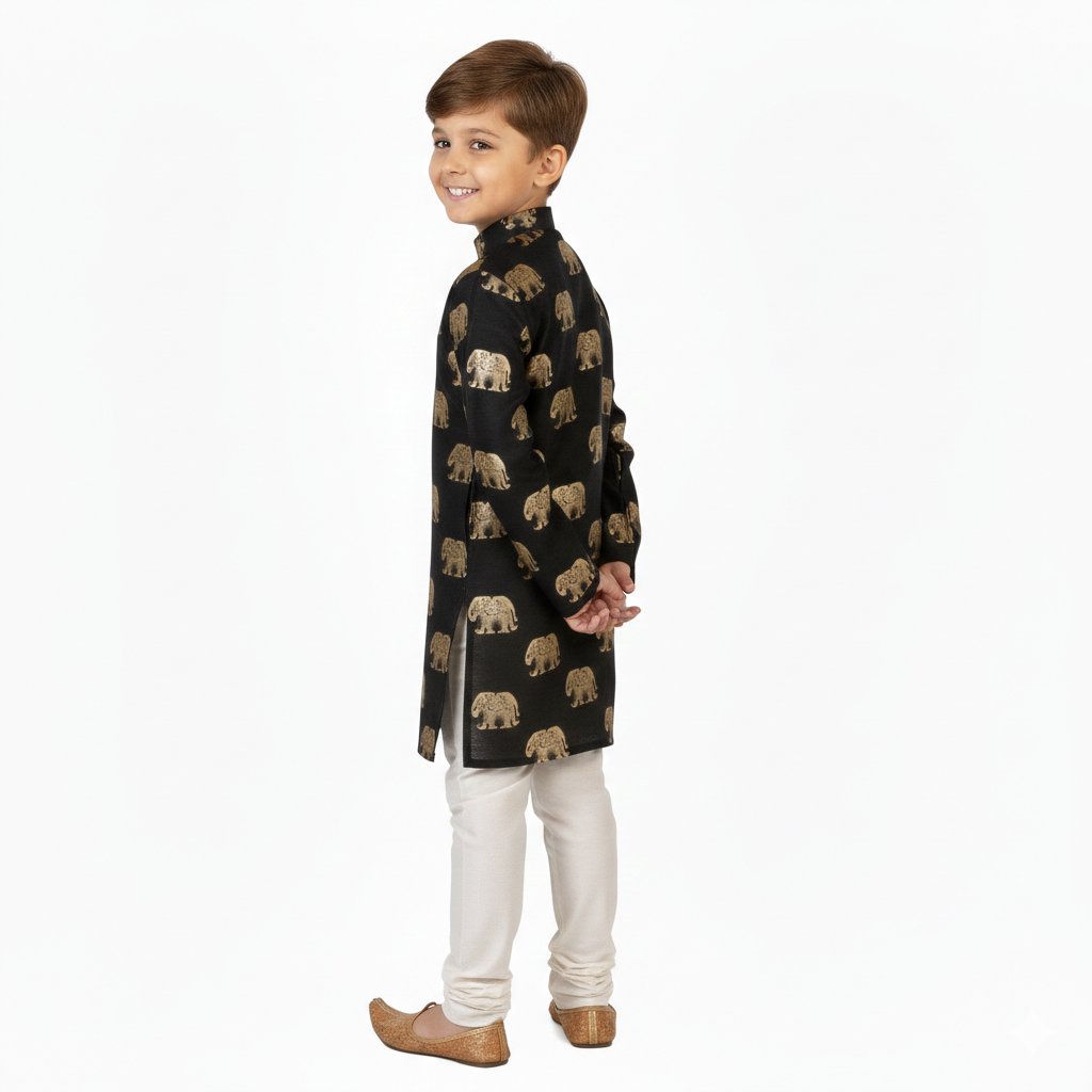 Boys’ Gold Foil Elephant Motif Kurta in Jet Black