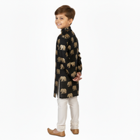 Boys’ Gold Foil Elephant Motif Kurta in Jet Black