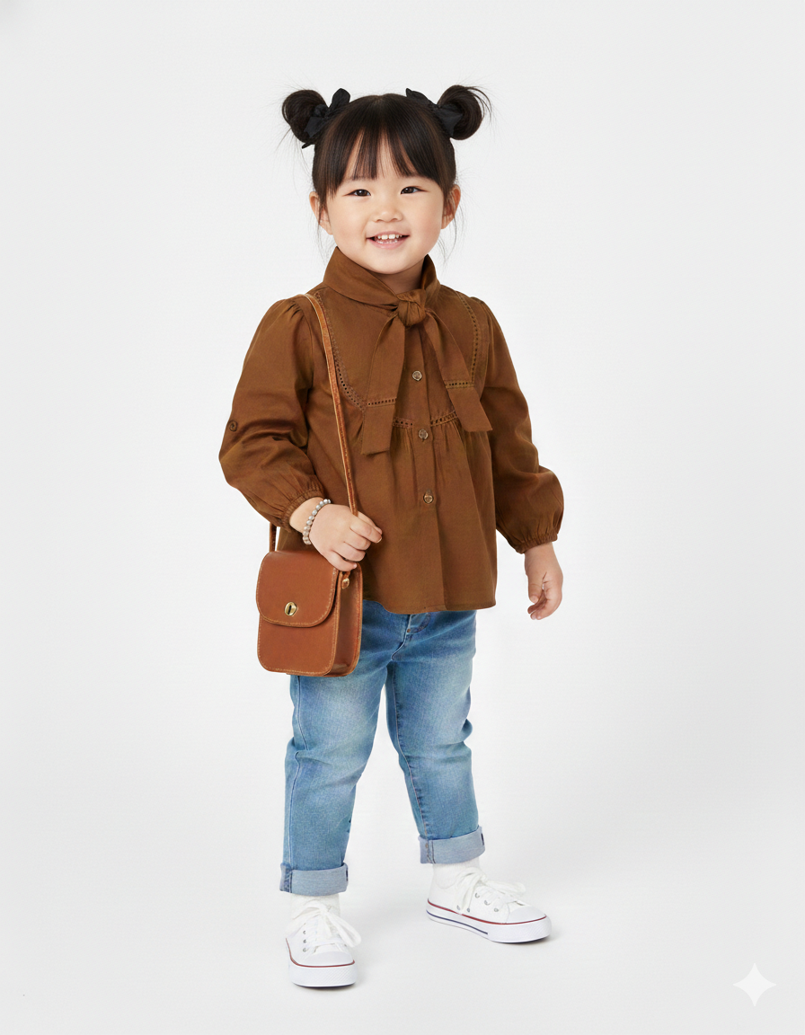 Vintage Brown Lantern-Sleeve Cotton Top