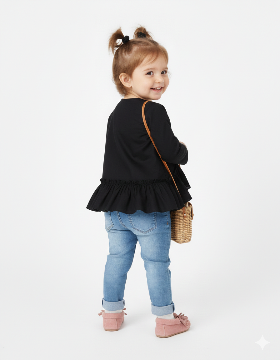 Girls' Black Asymmetrical Ruffle Top