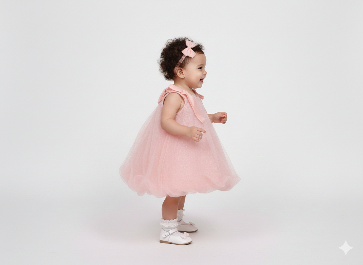 Girls' Shimmering Pastel Pink Tulle A-Line Dress with Shoulder Bow Accents