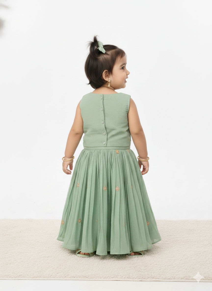 Elegant Sage Green Floral Sharara-Style Lehenga Ensemble for Girls