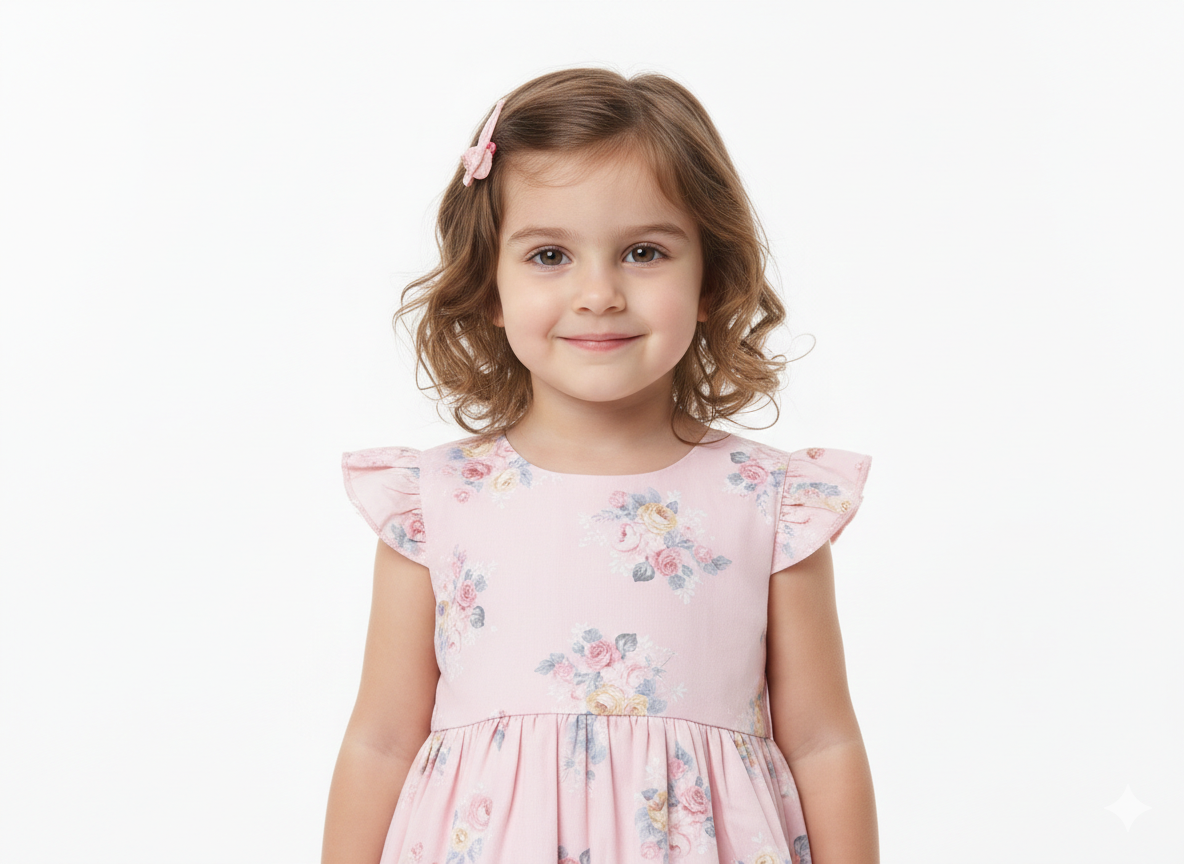 Girls' Vintage-Inspired Floral Print Cotton Dress with Flutter Sleeves