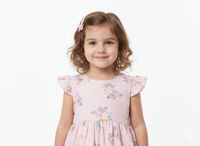 Girls' Vintage-Inspired Floral Print Cotton Dress with Flutter Sleeves