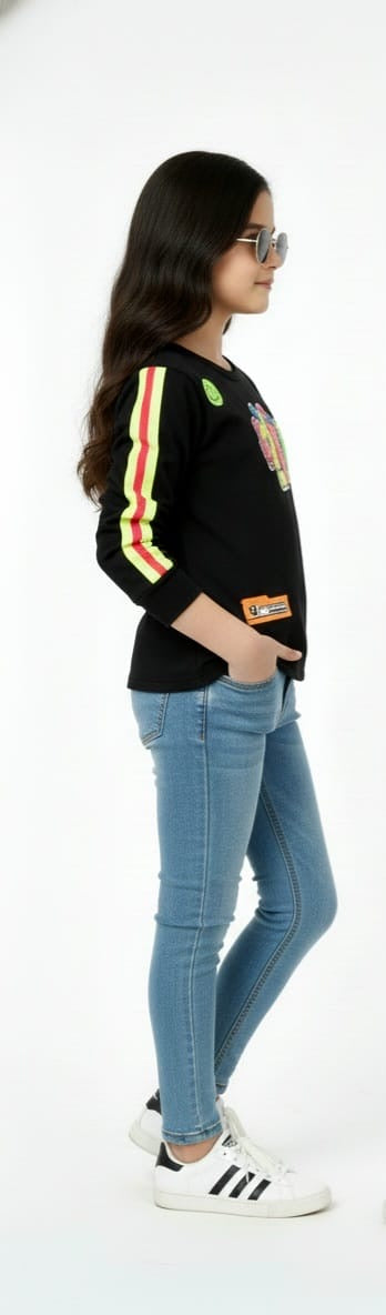 Girls Black T-shirt with Neon Coloured Patch
