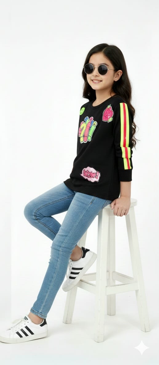 Girls Black T-shirt with Neon Coloured Patch