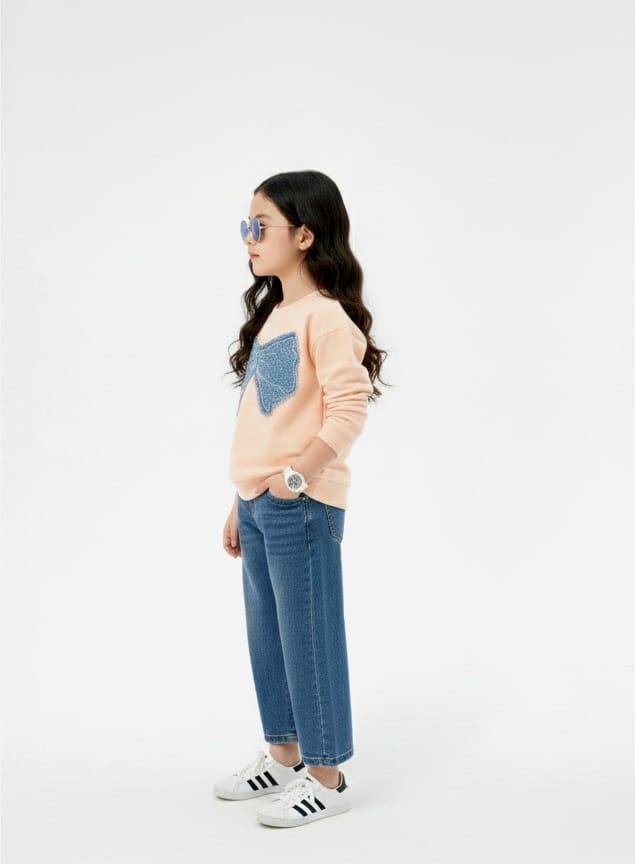 Girls Peach T-shirt with Denim Butterfly Patch