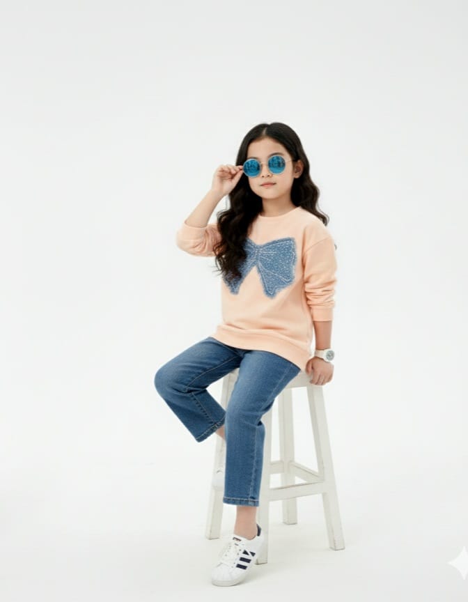 Girls Peach T-shirt with Denim Butterfly Patch