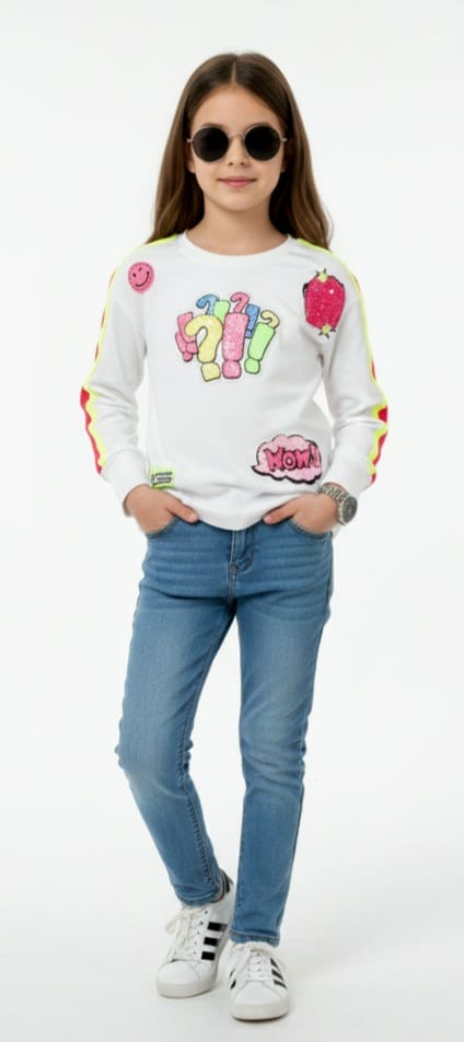 Girls White T-shirt with Neon Coloured Patch