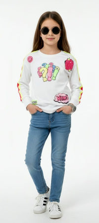 Girls White T-shirt with Neon Coloured Patch