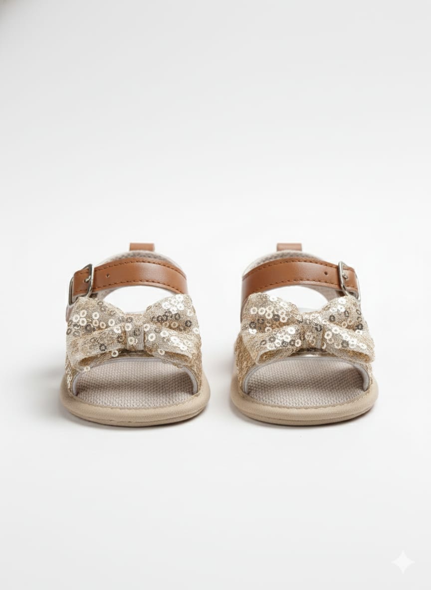 Infant Sandals with Gold sequined bow