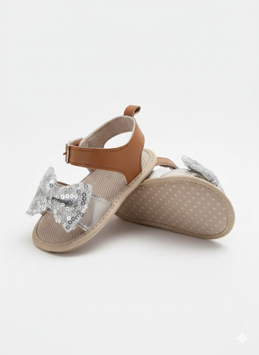 Infant Sandals with silver sequined bow