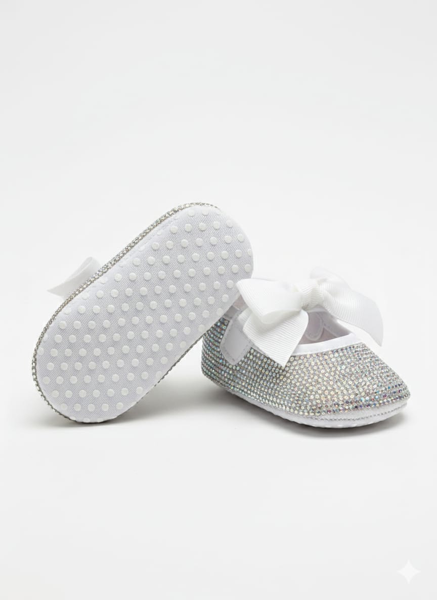 Infant girl's Silver Rhinestone booties with White bow
