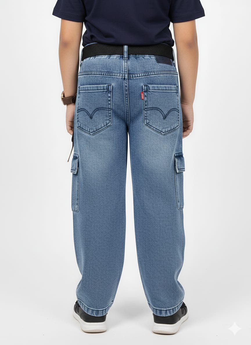 Medium Blue Wide Leg Cargo Jeans