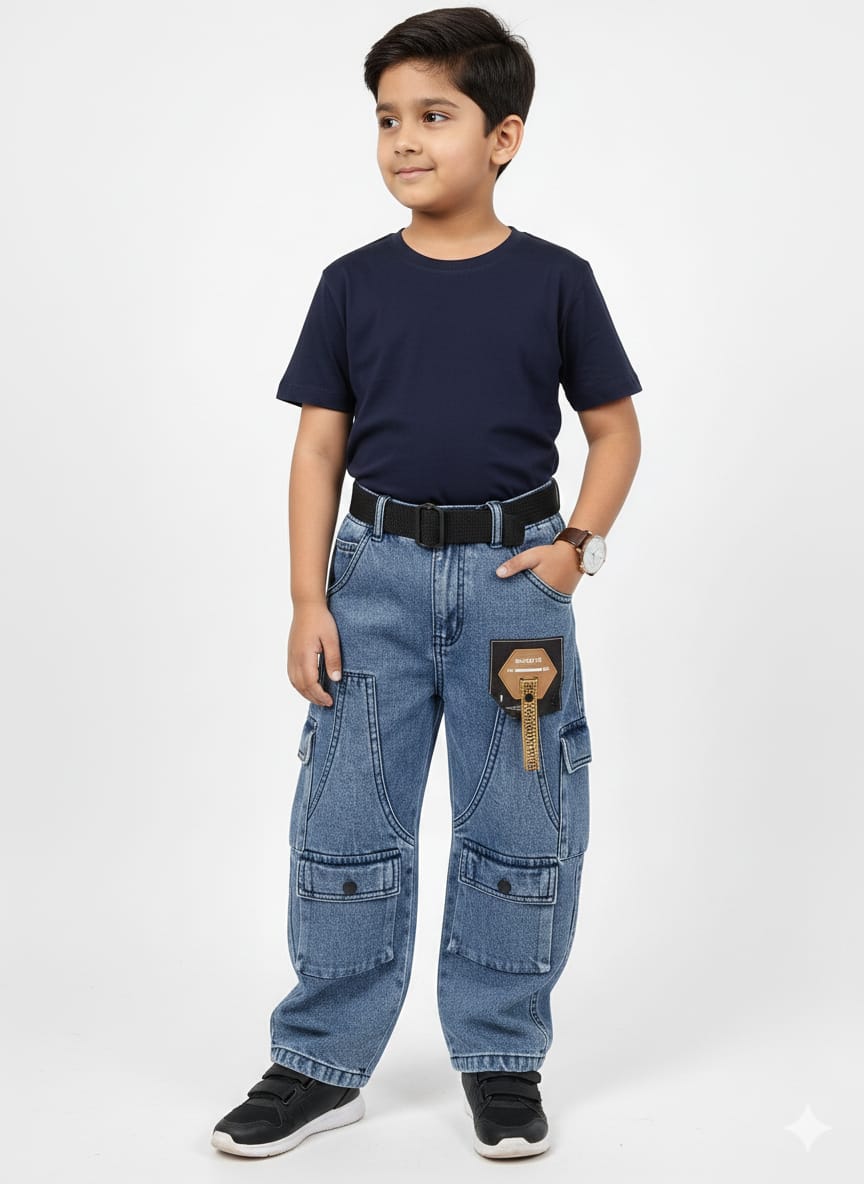 Medium Blue Wide Leg Cargo Jeans