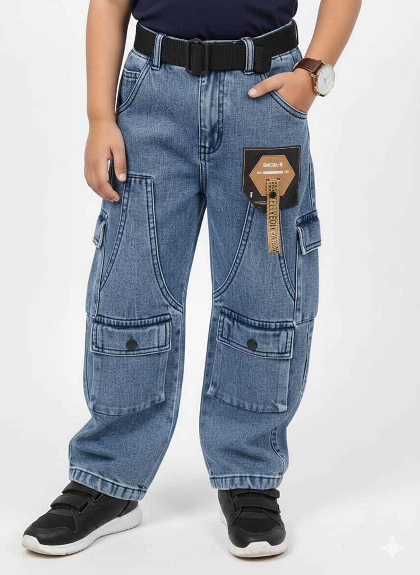 Medium Blue Wide Leg Cargo Jeans