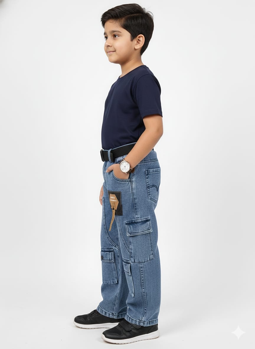 Medium Blue Wide Leg Cargo Jeans