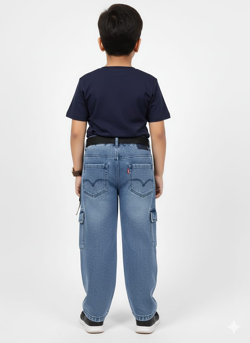 Medium Blue Wide Leg Cargo Jeans