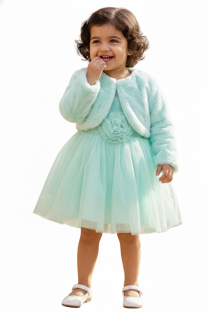 Mint Blue Party Wear Frock with Faux Fur Jacket For Girls