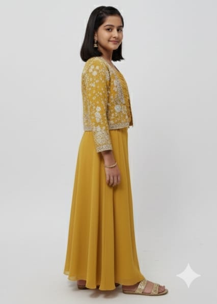 Mustard Yellow Embroidered Jacket and Palazzo Set