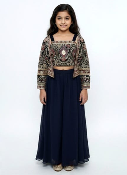 Navy Blue Embroidered Jacket and Palazzo Set