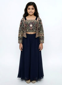 Navy Blue Embroidered Jacket and Palazzo Set