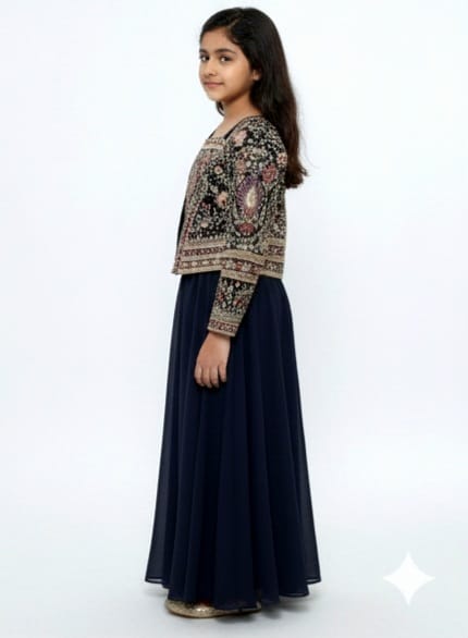 Navy Blue Embroidered Jacket and Palazzo Set