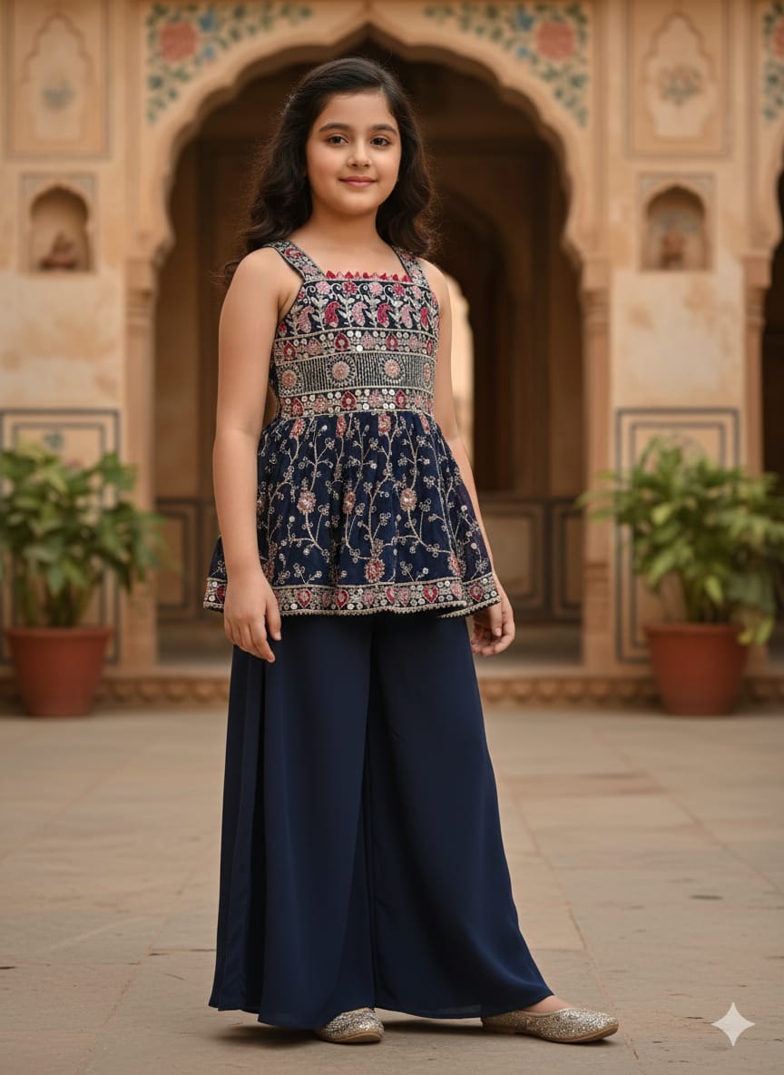 Navy Blue Peplum Top and Palazzo Set