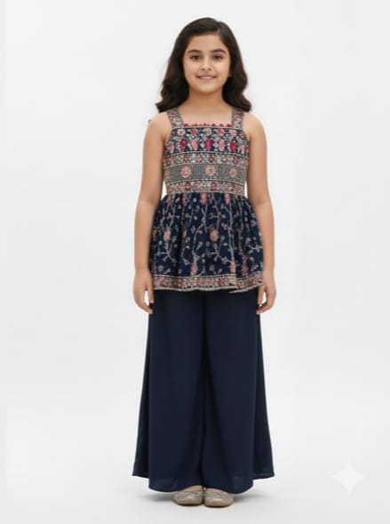 Navy Blue Peplum Top and Palazzo Set