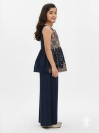 Navy Blue Printed Peplum Top and Palazzo Set