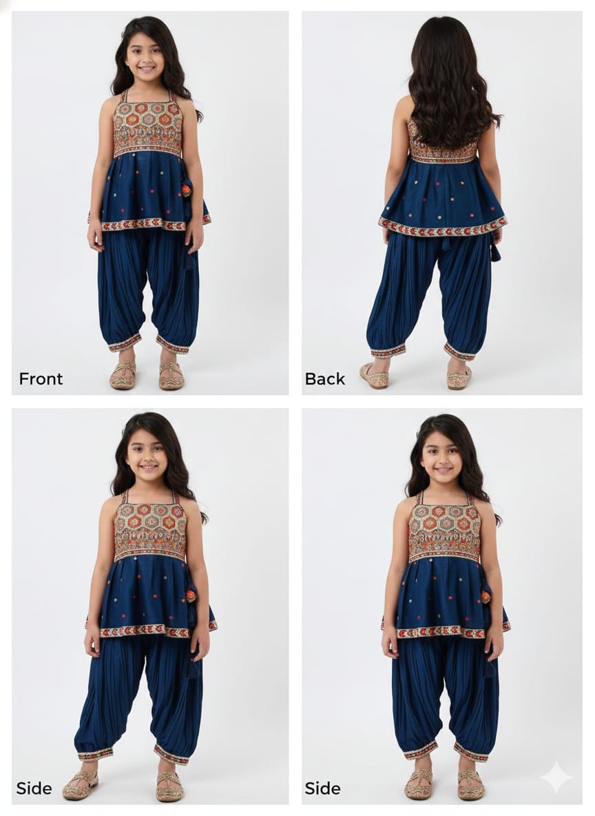 Navy Blue Printed Peplum Top and Palazzo Set