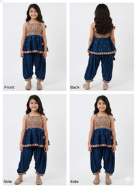 Navy Blue Printed Peplum Top and Palazzo Set