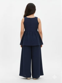 Navy Blue Printed Peplum Top and Palazzo Set