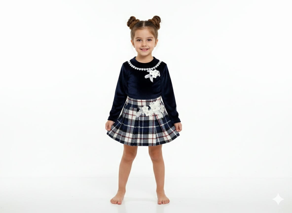 Navy Blue Top with Check Skirt