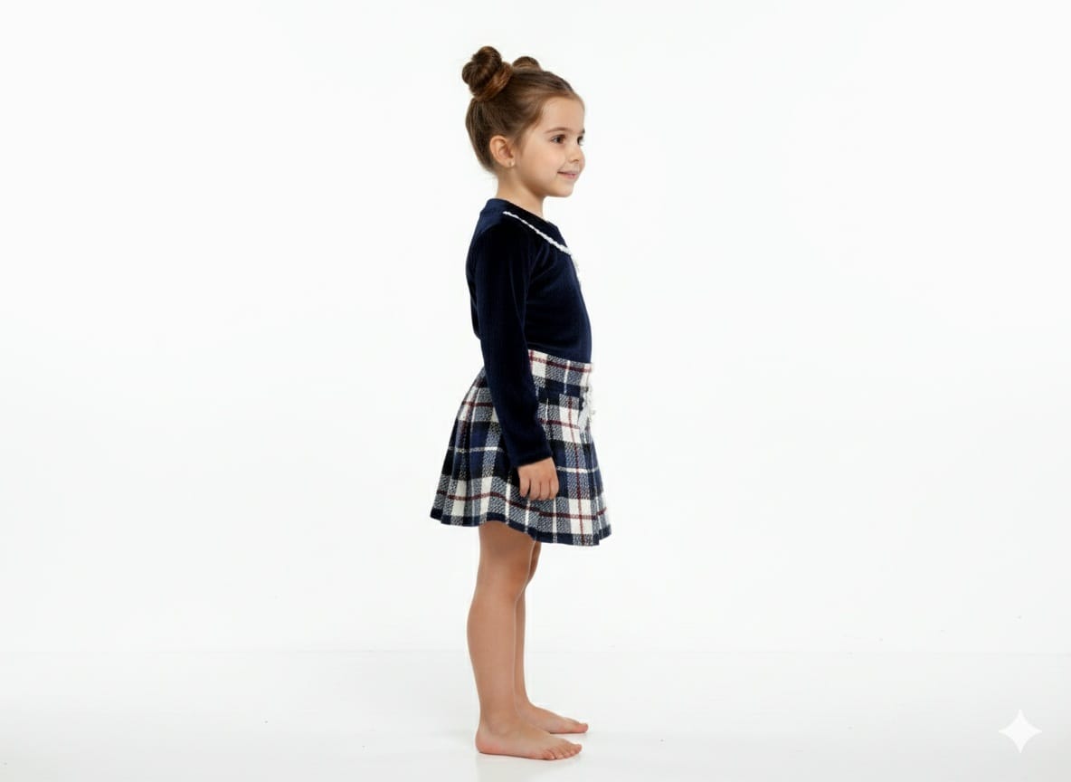 Navy Blue Top with Check Skirt