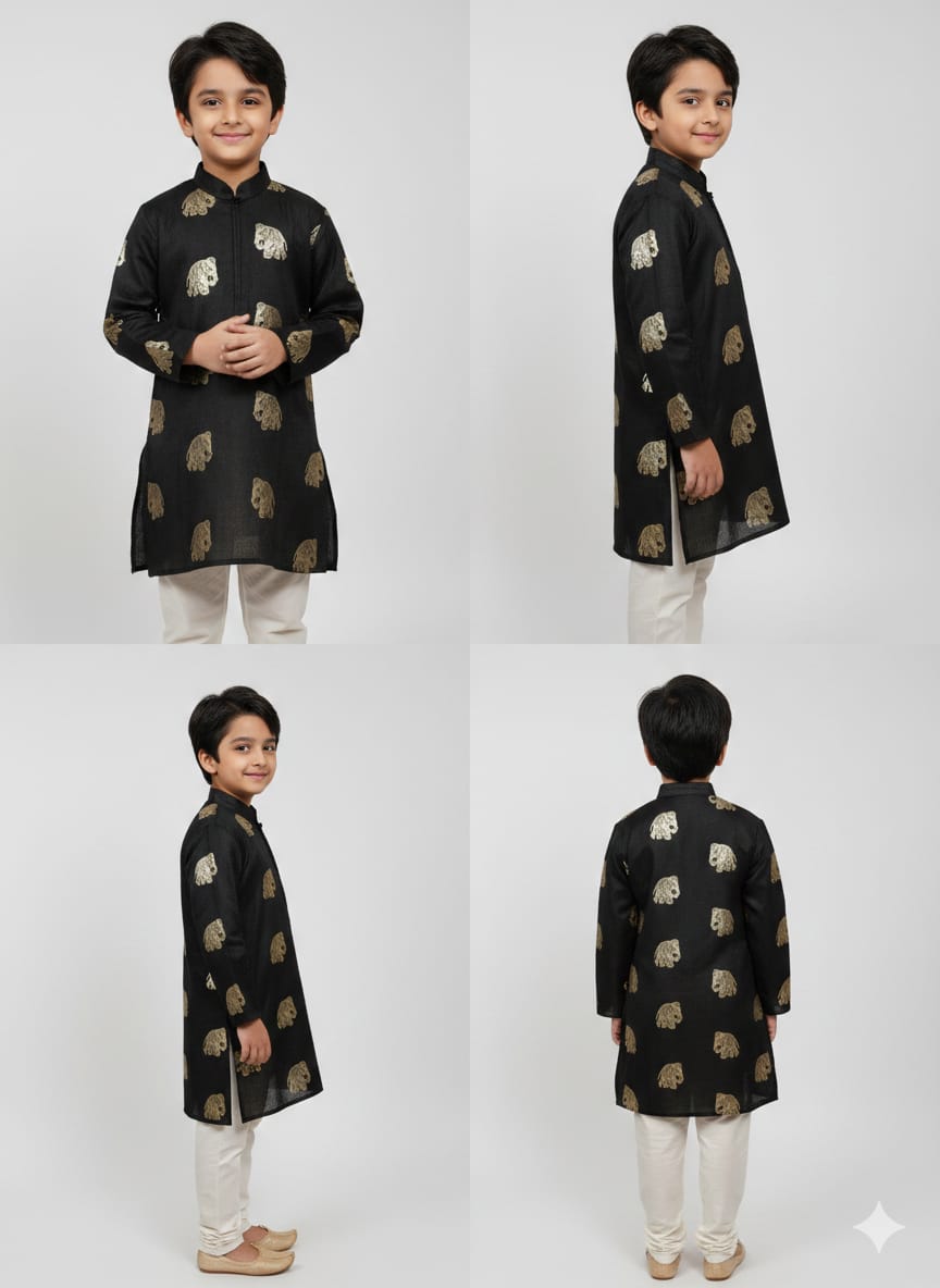 Boys’ Gold Foil Elephant Motif Kurta in Jet Black