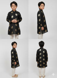 Boys’ Gold Foil Elephant Motif Kurta in Jet Black