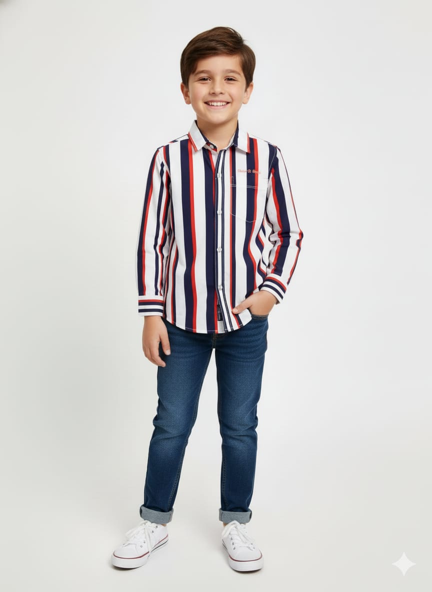 Navy Red White Vertical Stripe Shirt Full sleeve