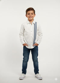 White Fullsleeve Navy Stripe Left Side Shirt