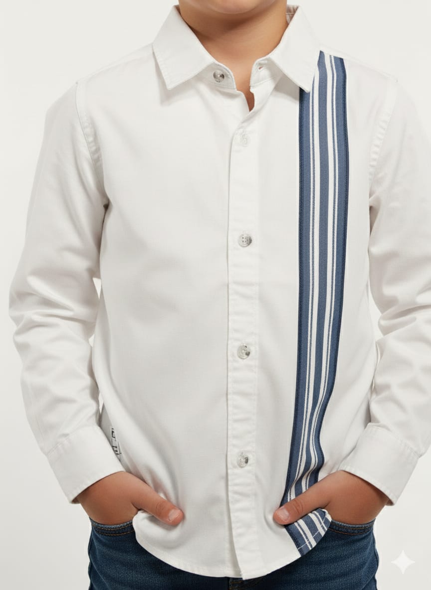 White Fullsleeve Navy Stripe Left Side Shirt