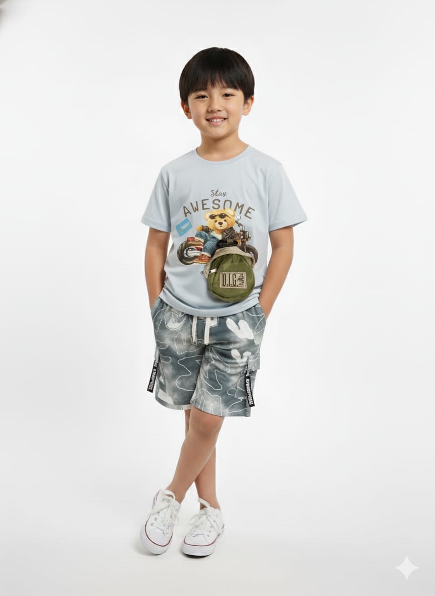 Soft Blue T-shirt paired with textured cargo-style shorts Co-ord Set