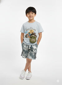 Soft Blue T-shirt paired with textured cargo-style shorts Co-ord Set